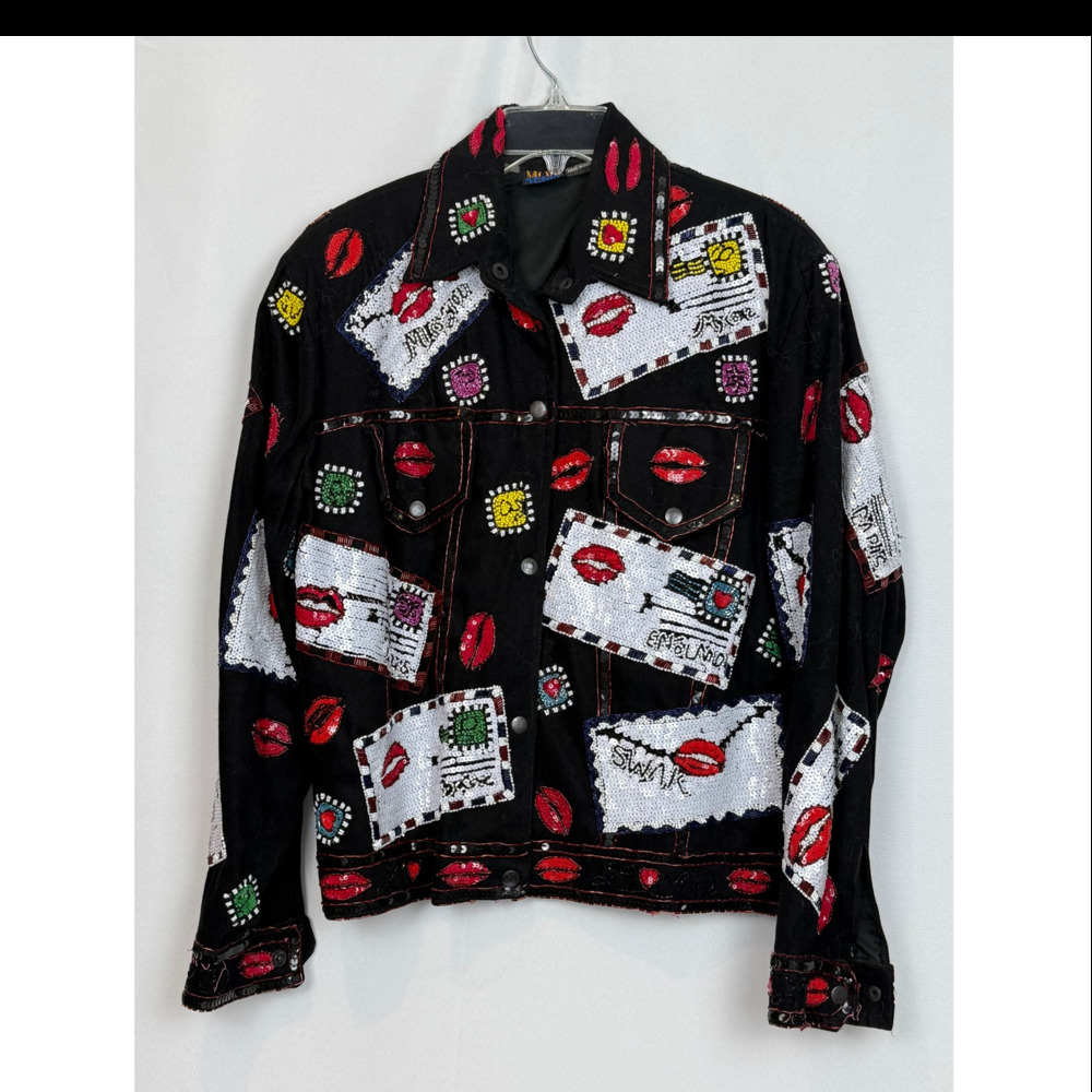MODI Denim Vintage Sequin Lips Love Letters Jacket Size 8-10 Kitsch Statement